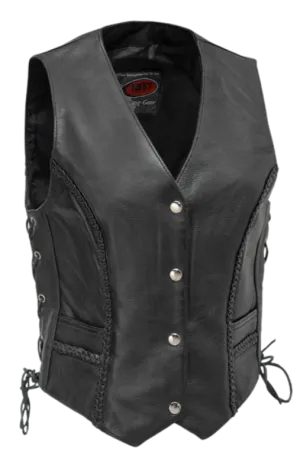 Ladies Braided Black Leather Vest