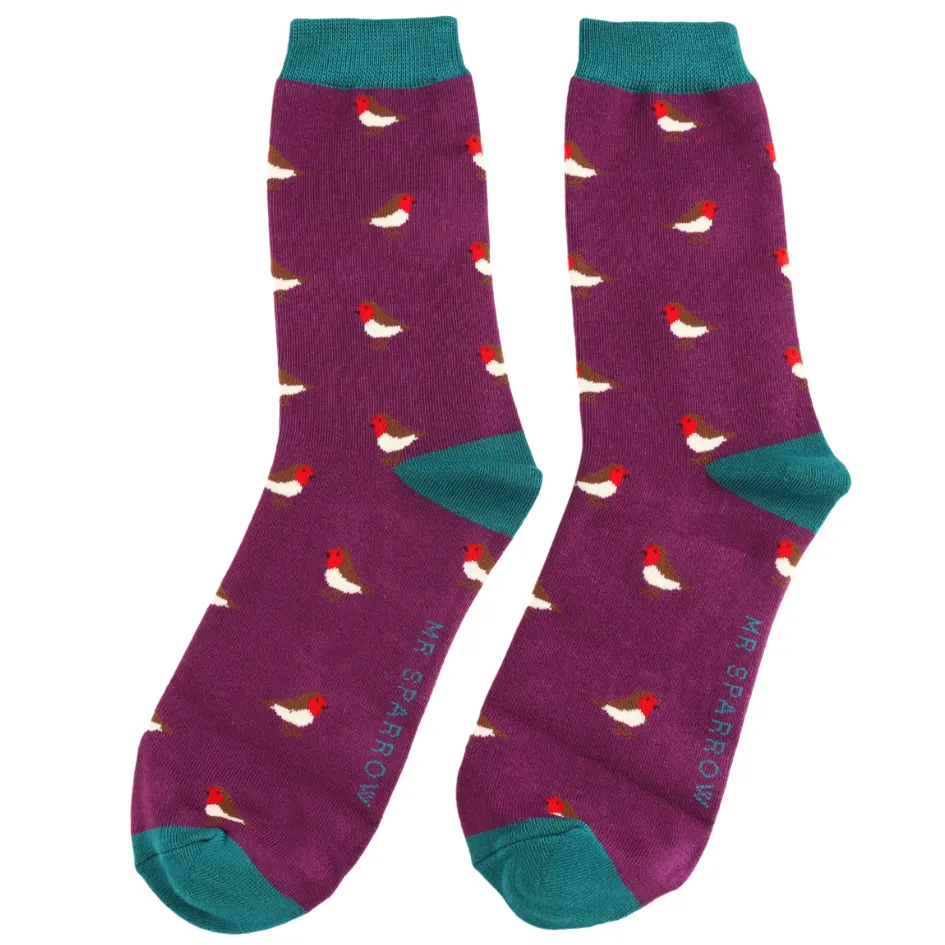 Little Robin Bamboo Socks in Purple by Mr Heron, Size UK 7-11