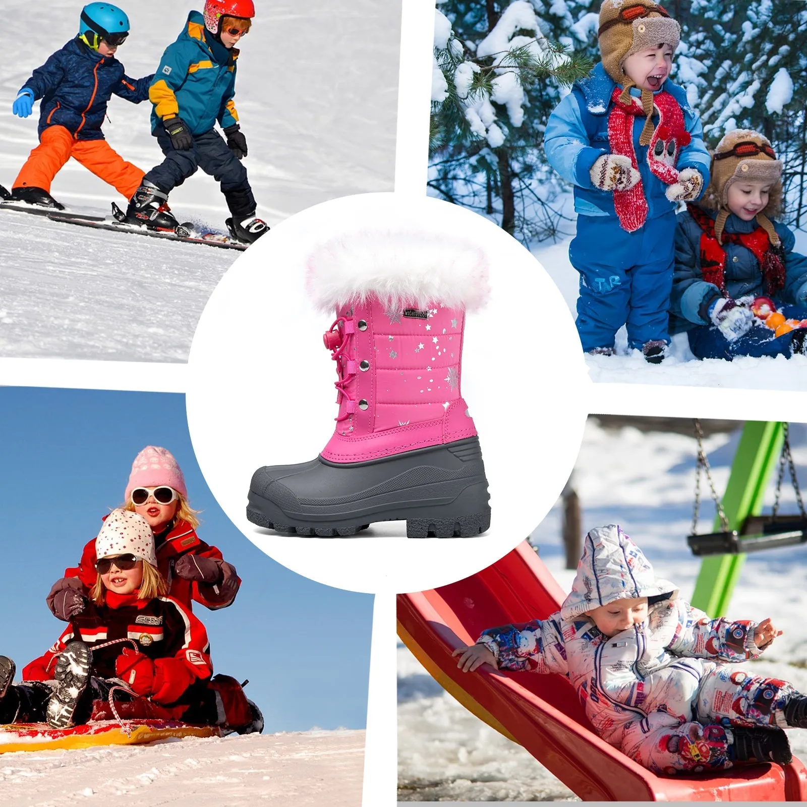 Pink Fur Collar Glitter Star Snow Boots