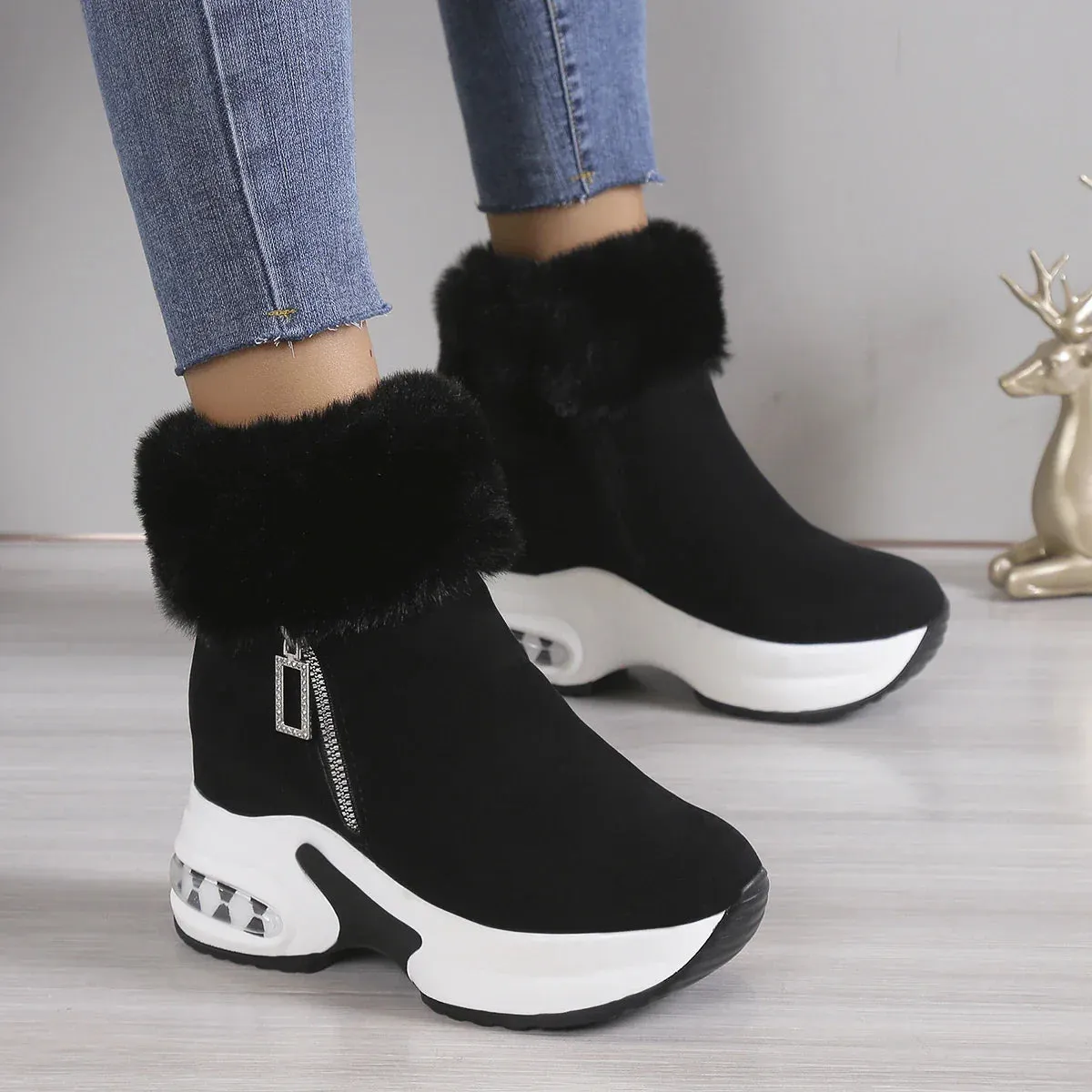 Platform Wedge Snow Boots for Women Shoe Plush Side Zipper Internal Increasing Modern Short Boot