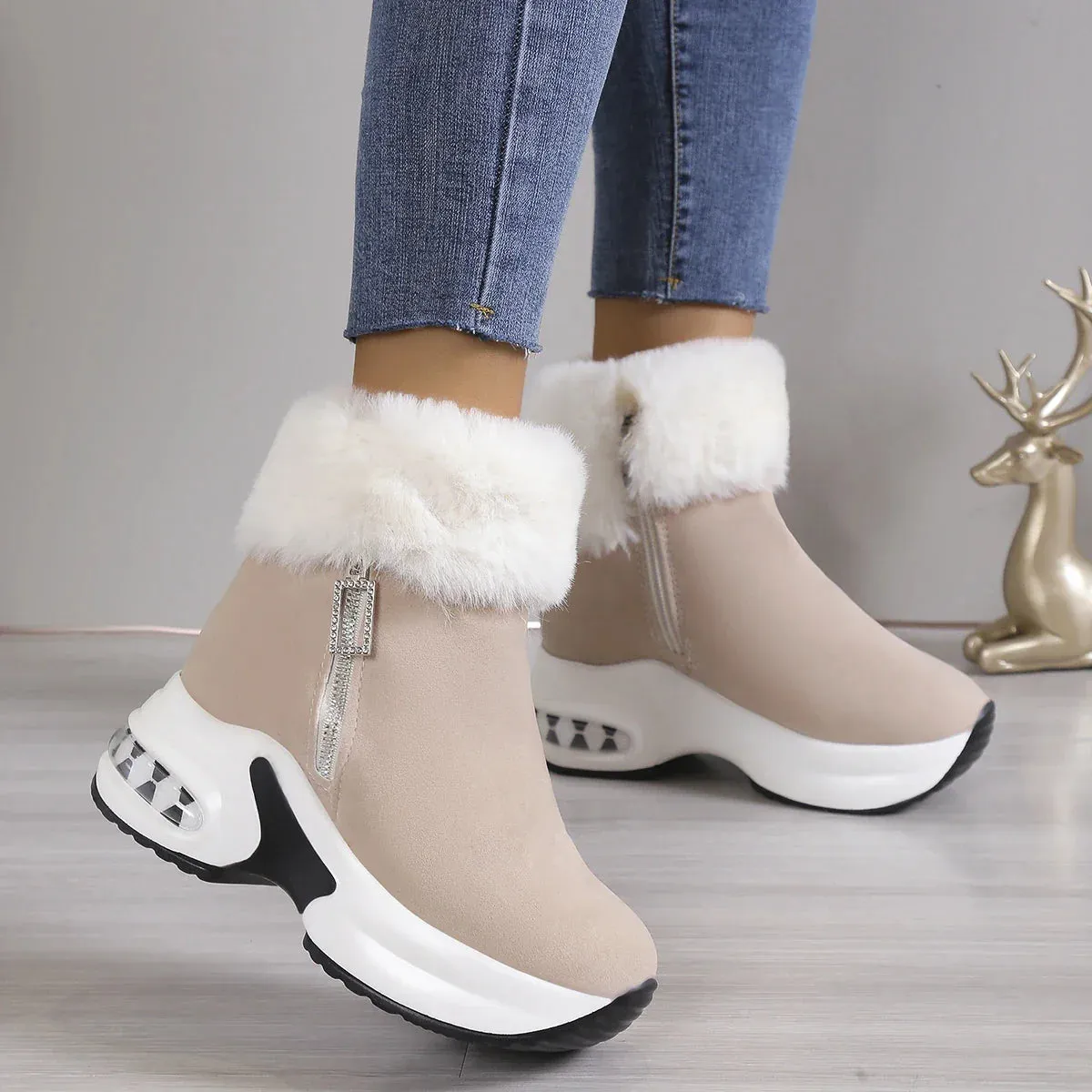Platform Wedge Snow Boots for Women Shoe Plush Side Zipper Internal Increasing Modern Short Boot