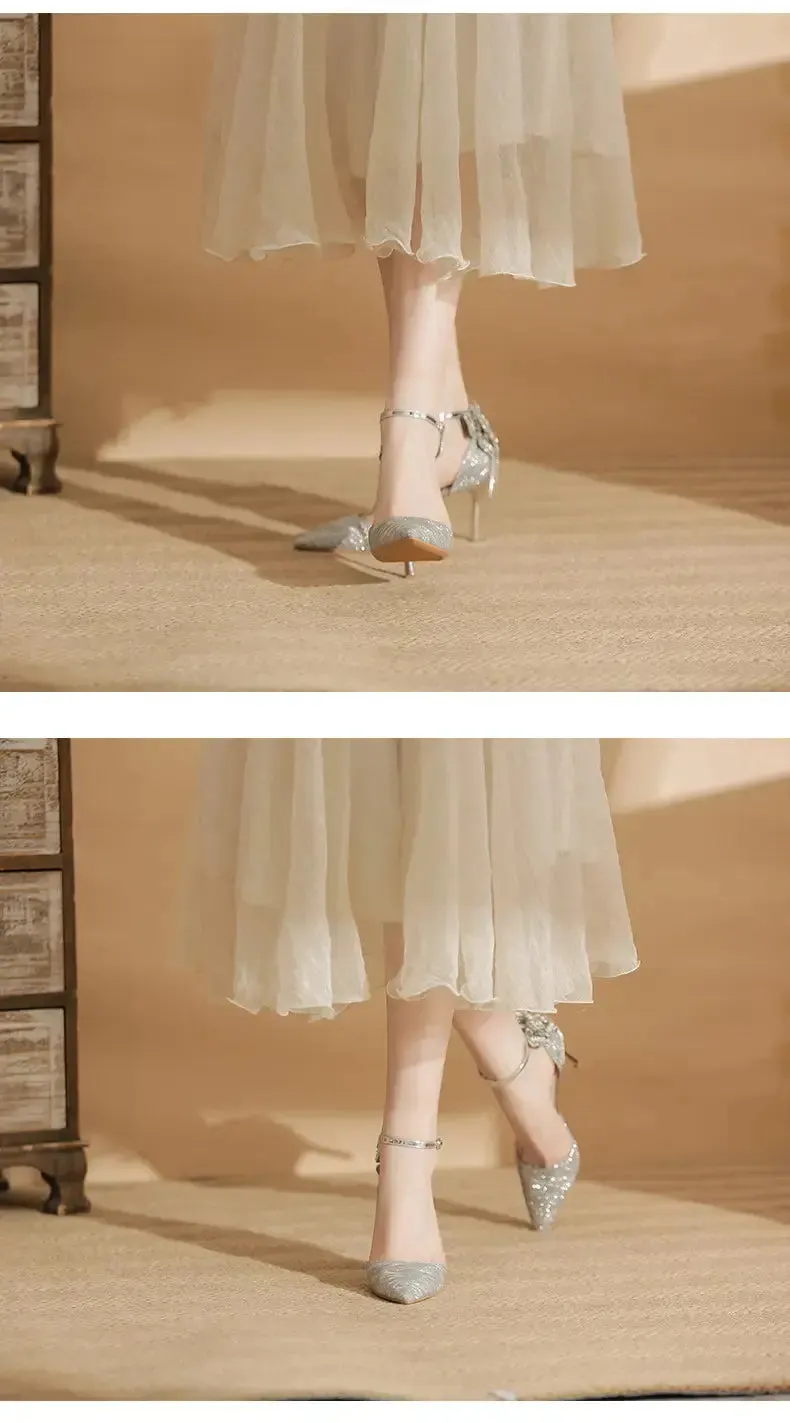 Pointed Toe Sequins Fine Heeled High Heels Elegant Sexy Ladies Sandals Wedding Shoes Banquet Shoes Women's Shoes