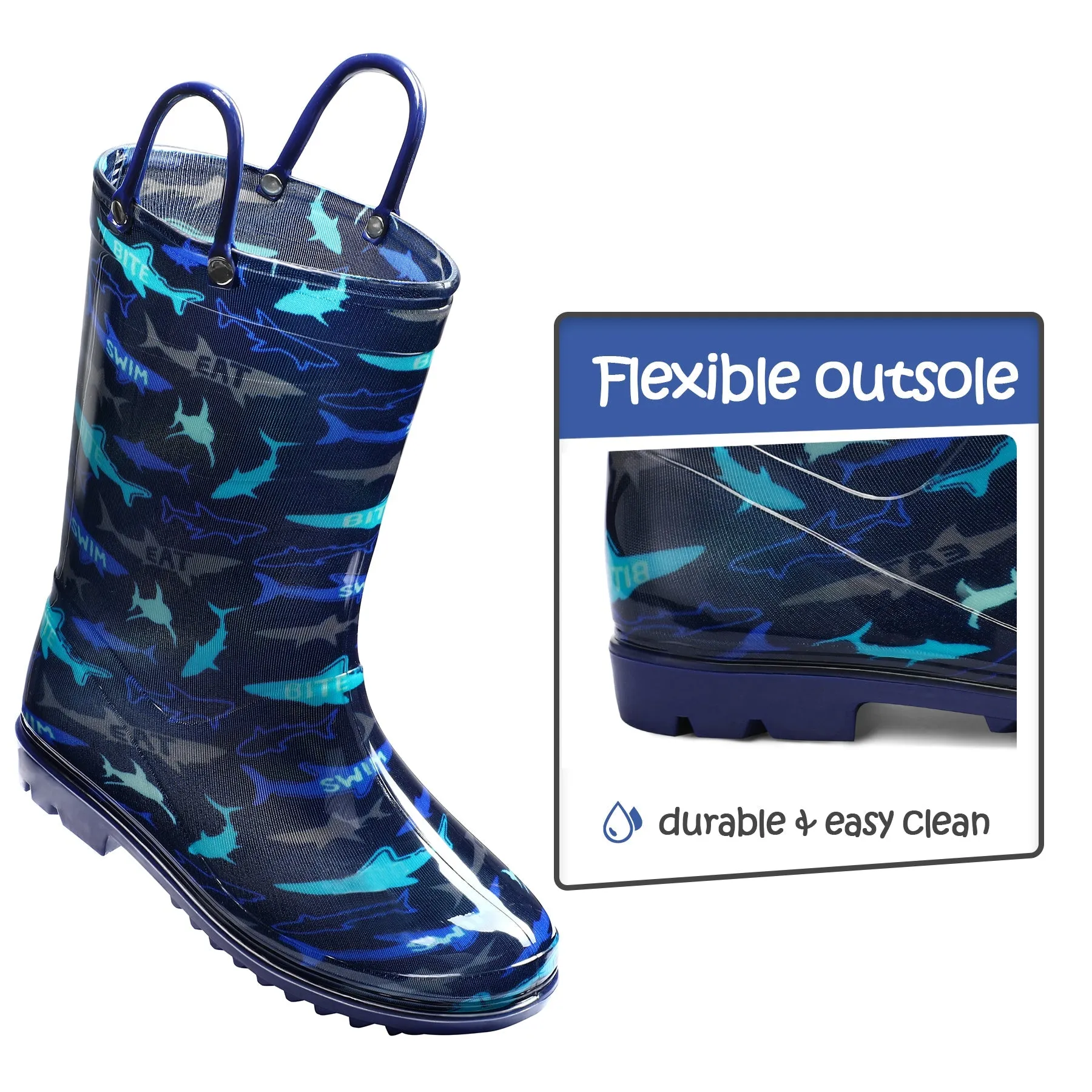 PVC Shark Print Navy Rubber Rain Boots