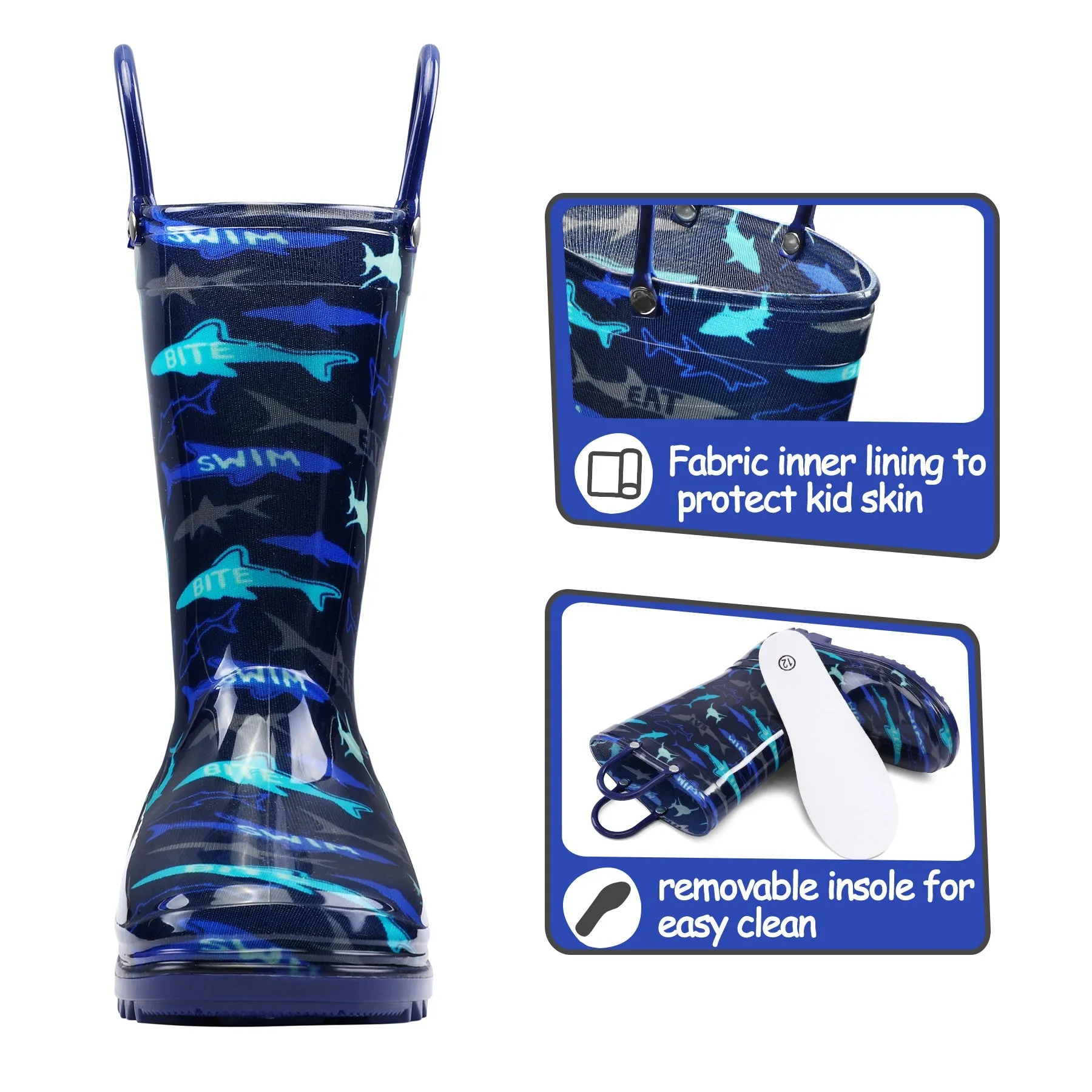 PVC Shark Print Navy Rubber Rain Boots