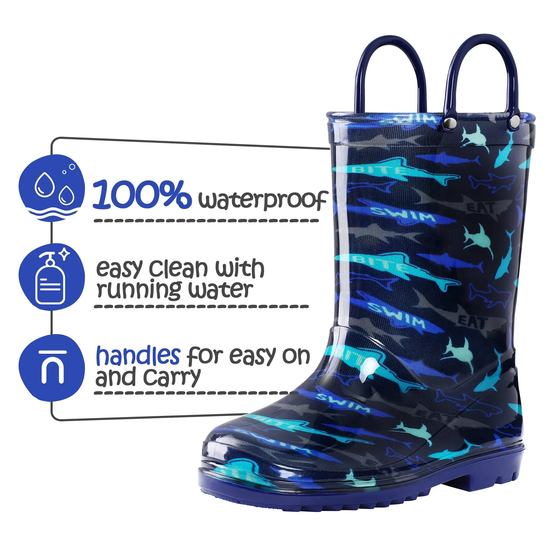 PVC Shark Print Navy Rubber Rain Boots