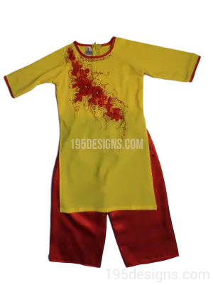 Red Ao Dai Baby Girl Viet Nam Traditional Long Dress Kid Set - Hoa Đỏ