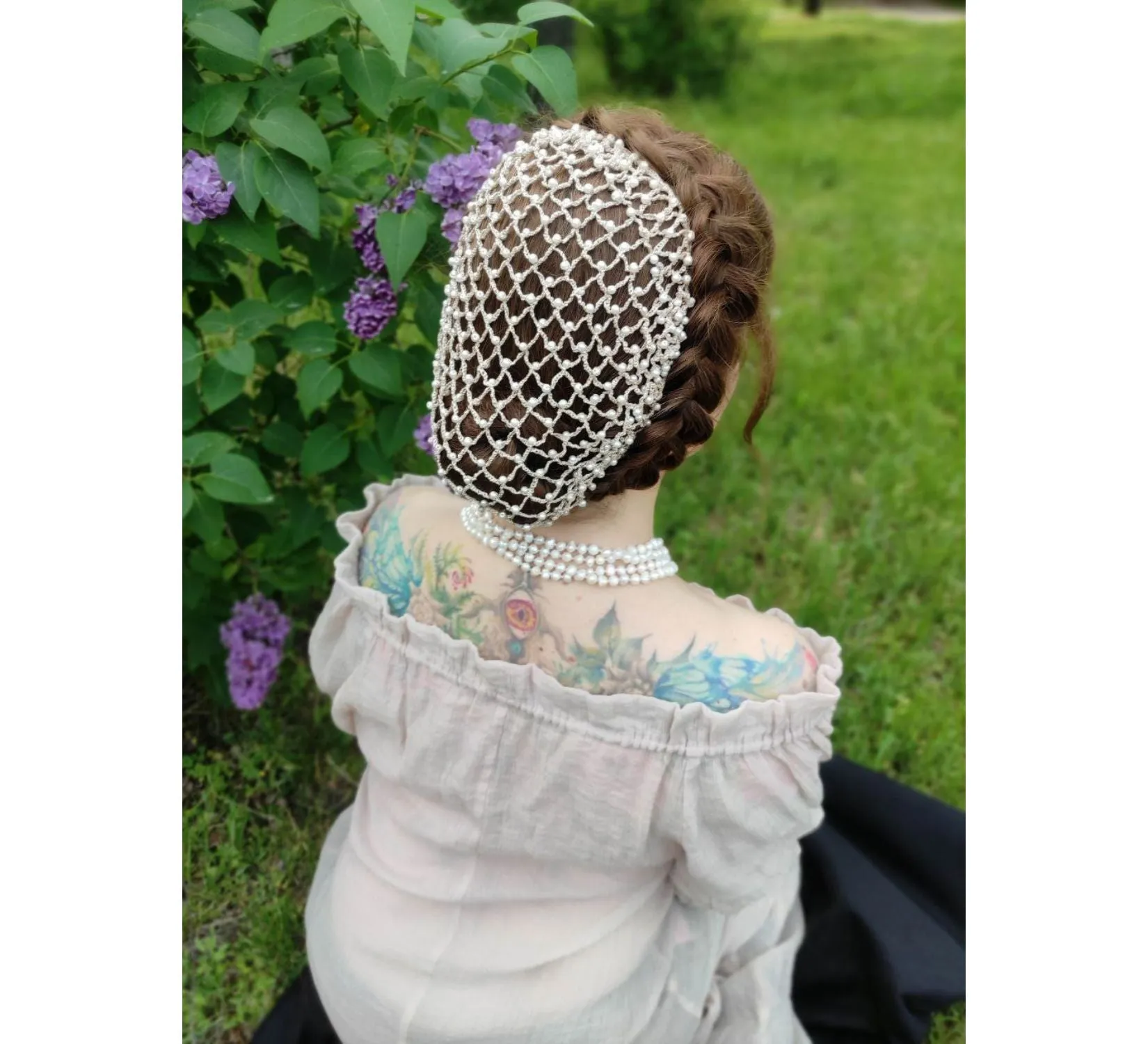 Renaissance hair net snood with pearl beads