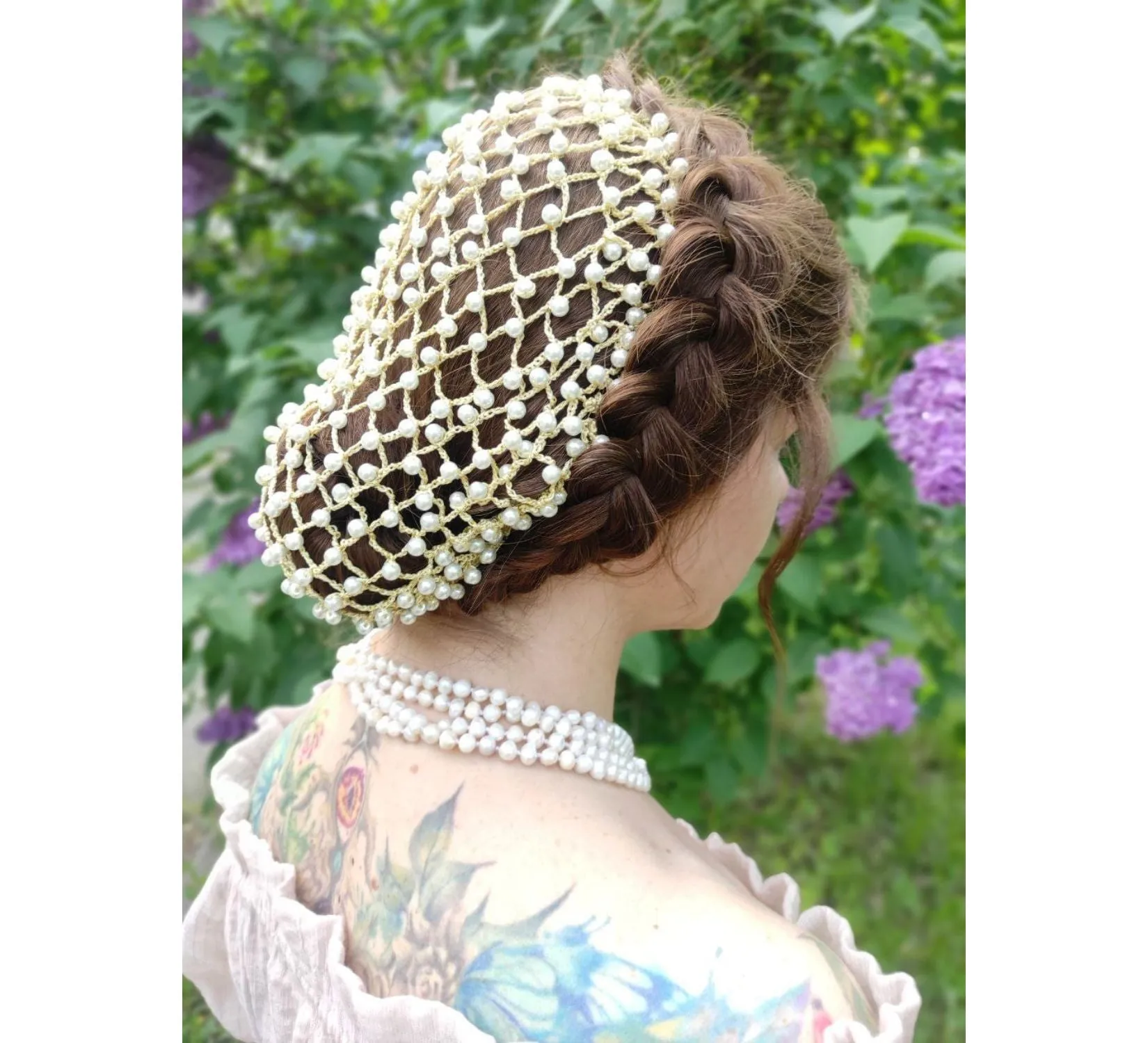 Renaissance hair net snood with pearl beads