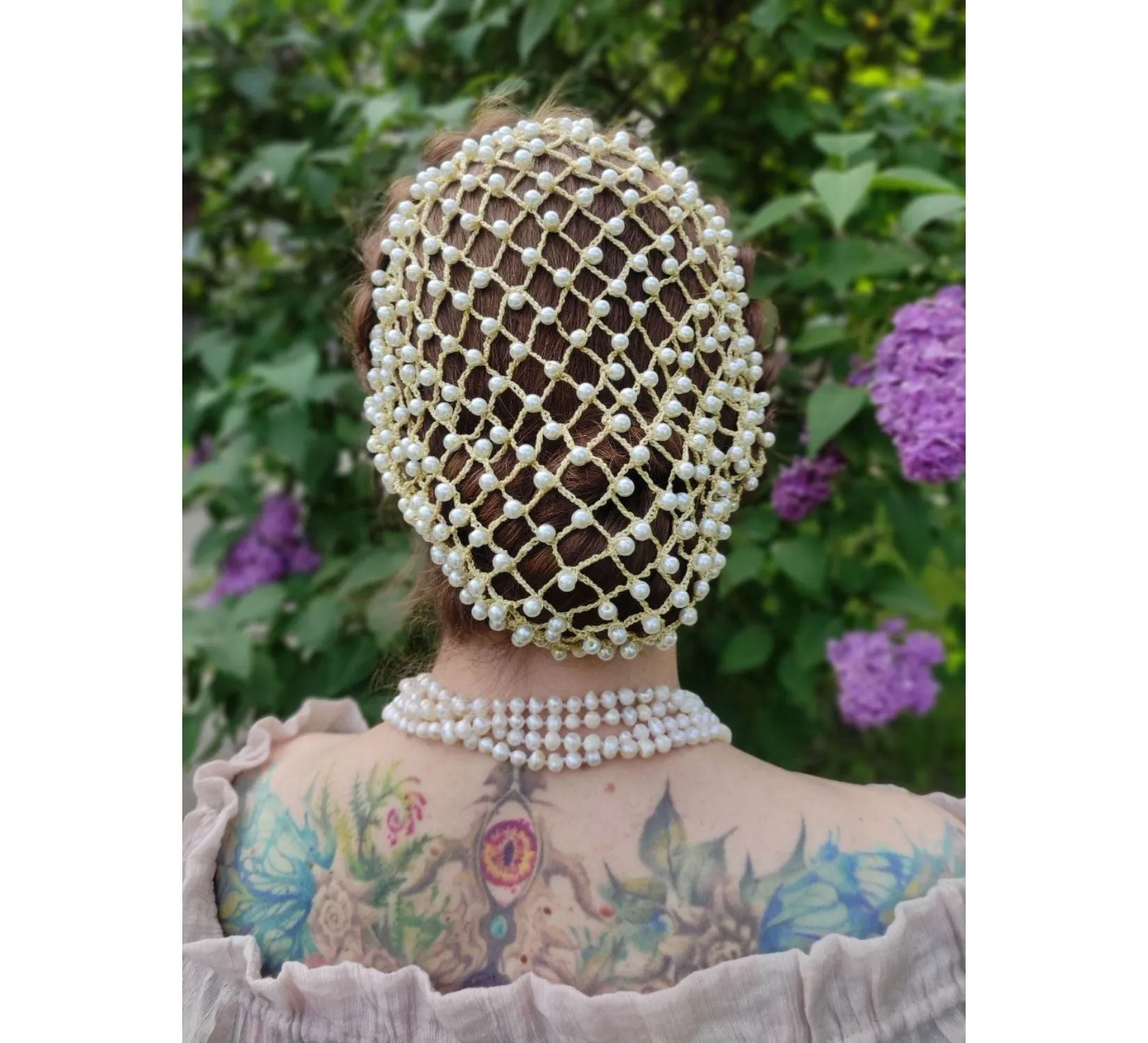 Renaissance hair net snood with pearl beads