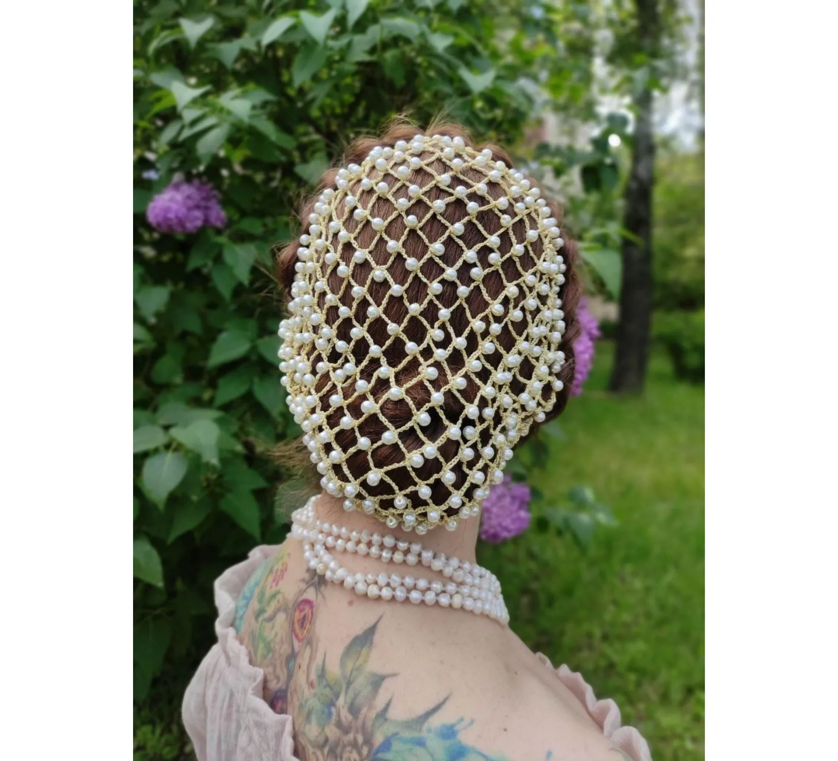 Renaissance hair net snood with pearl beads