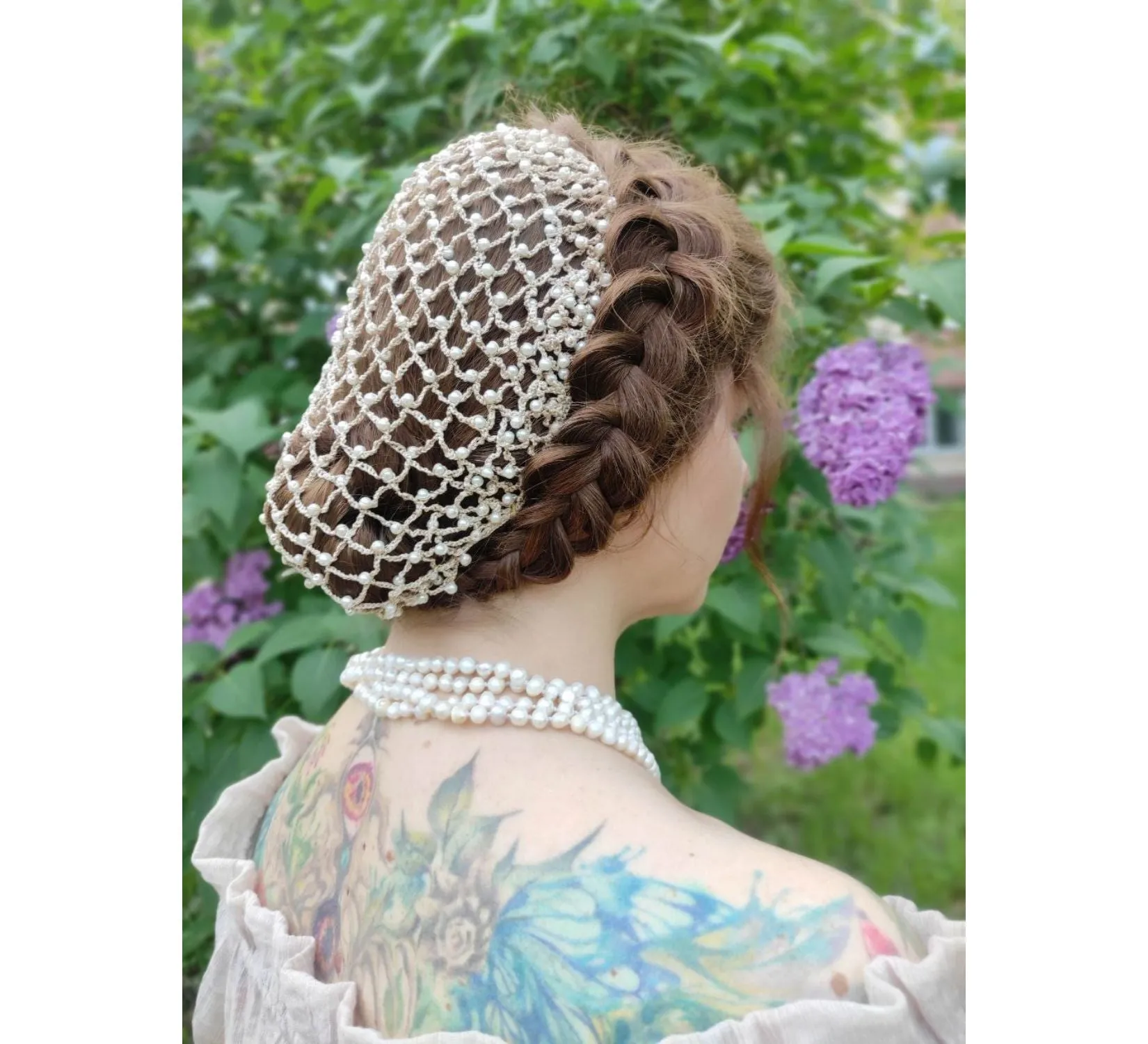 Renaissance hair net snood with pearl beads