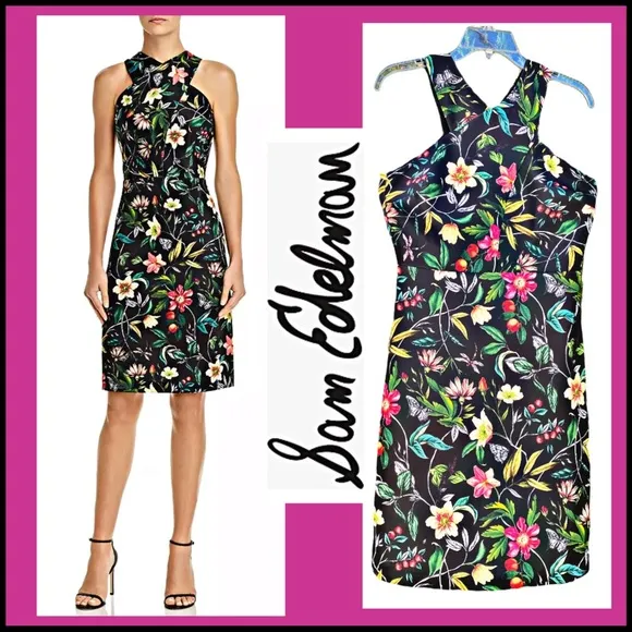 SAM EDELMAN BLACK TROPICAL PRINTED SHEATH DRESS