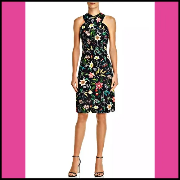 SAM EDELMAN BLACK TROPICAL PRINTED SHEATH DRESS