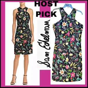 SAM EDELMAN BLACK TROPICAL PRINTED SHEATH DRESS