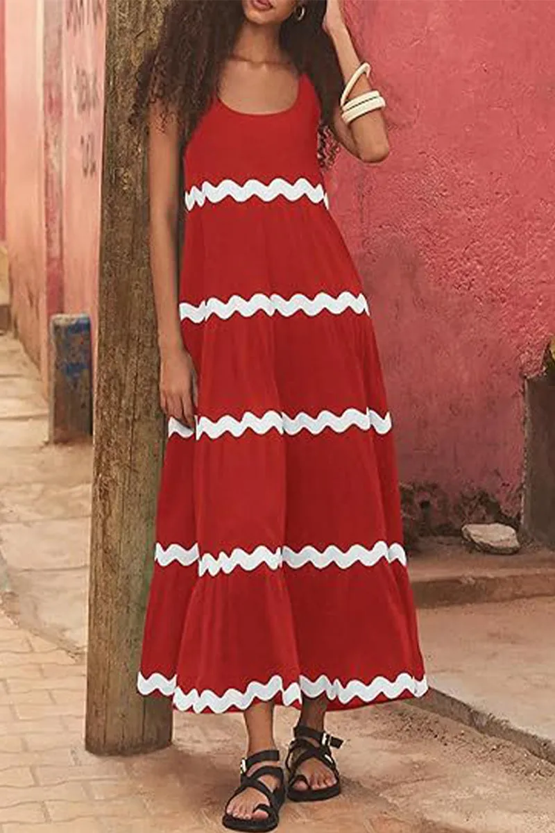Sexy Simplicity Print Ripple Contrast U Neck Sleeveless Dress Dresses(4 Colors)