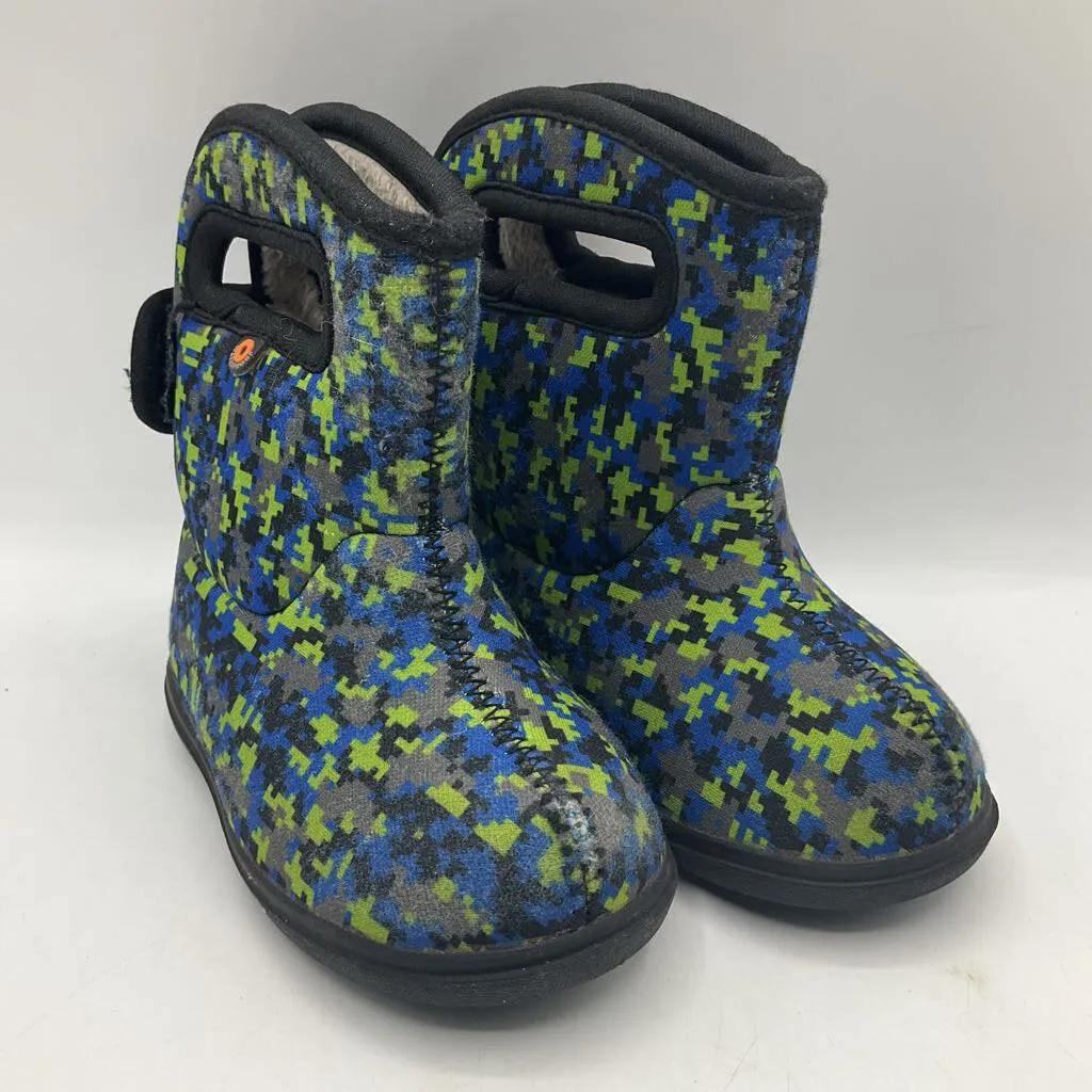 Size 6: Baby Bogs Grey/Green/Blue Pixilated Insulated Rain Boots