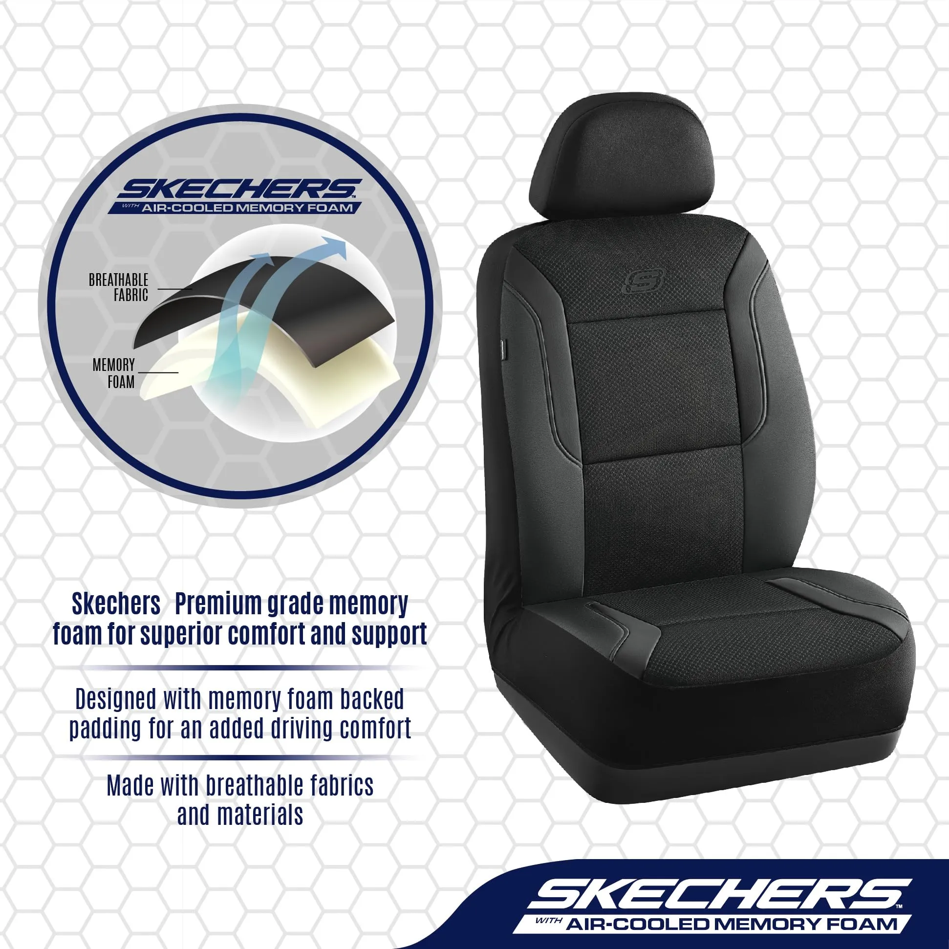 Skechers Memory Foam Leather Car Seat Covers, Cool Mesh Thick Seat Covers, Airbag Compatible, Full Protection -  Black
