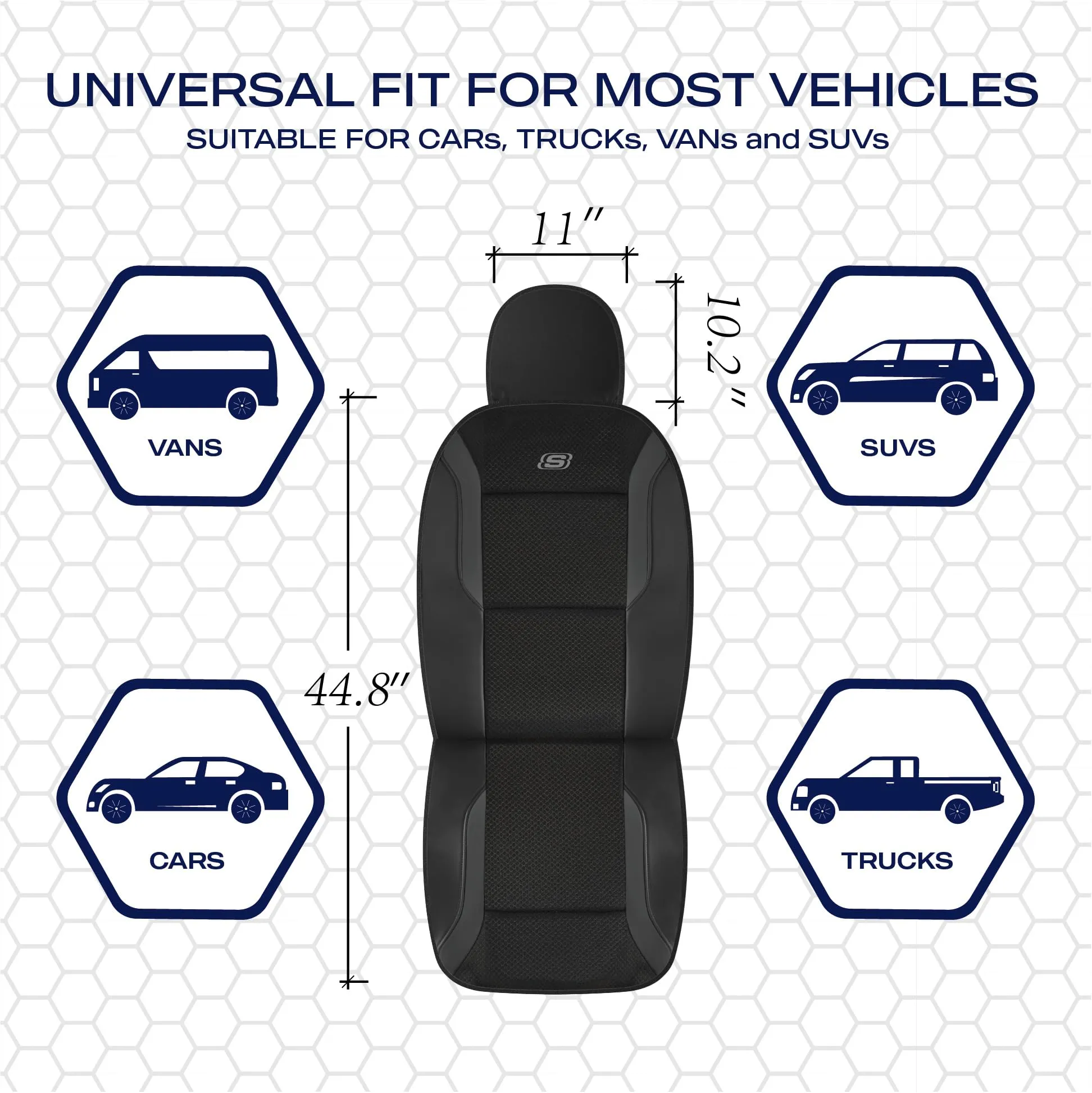 Skechers Memory Foam Leather Car Seat Covers, Cool Mesh Thick Seat Covers, Airbag Compatible, Full Protection -  Black