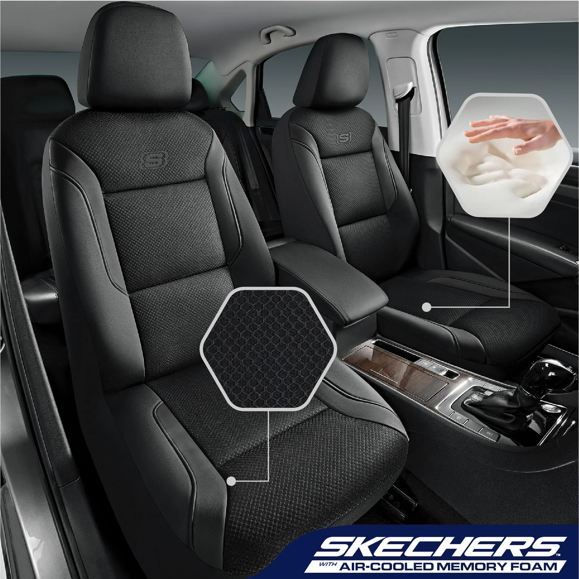 Skechers Memory Foam Leather Car Seat Covers, Cool Mesh Thick Seat Covers, Airbag Compatible, Full Protection -  Black