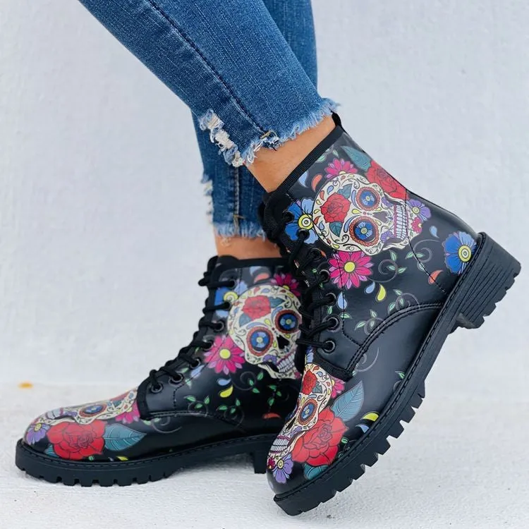Skull Printed Ankle Boots