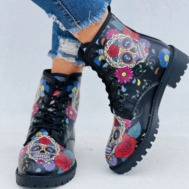 Skull Printed Ankle Boots