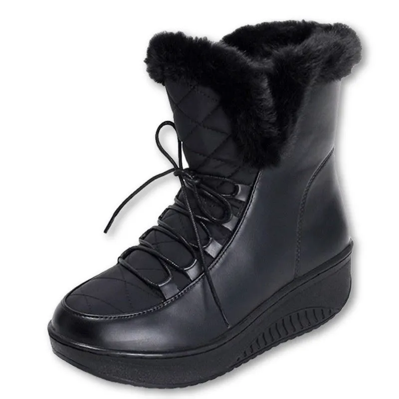 Snow Boots platform women winter shoes waterproof ankle boots lace up fur boots white black