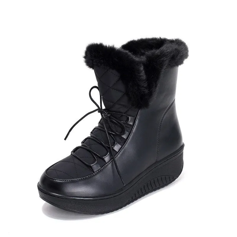 Snow Boots platform women winter shoes waterproof ankle boots lace up fur boots white black