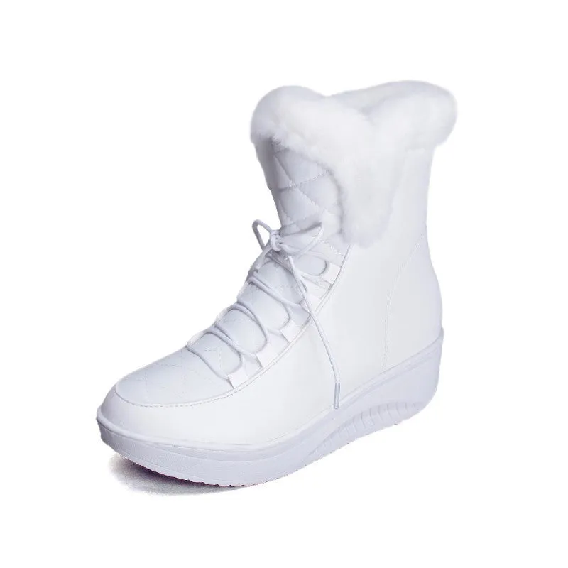 Snow Boots platform women winter shoes waterproof ankle boots lace up fur boots white black