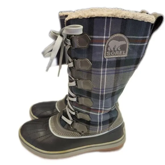 Sorel Tivoli Waterproof blue &amp; brown plaid duck boots, size Wm's 6
