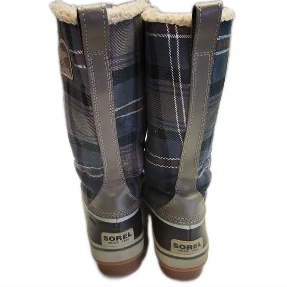 Sorel Tivoli Waterproof blue &amp; brown plaid duck boots, size Wm's 6