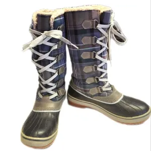 Sorel Tivoli Waterproof blue &amp; brown plaid duck boots, size Wm's 6