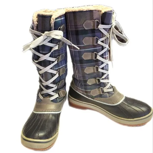 Sorel Tivoli Waterproof blue &amp; brown plaid duck boots, size Wm's 6