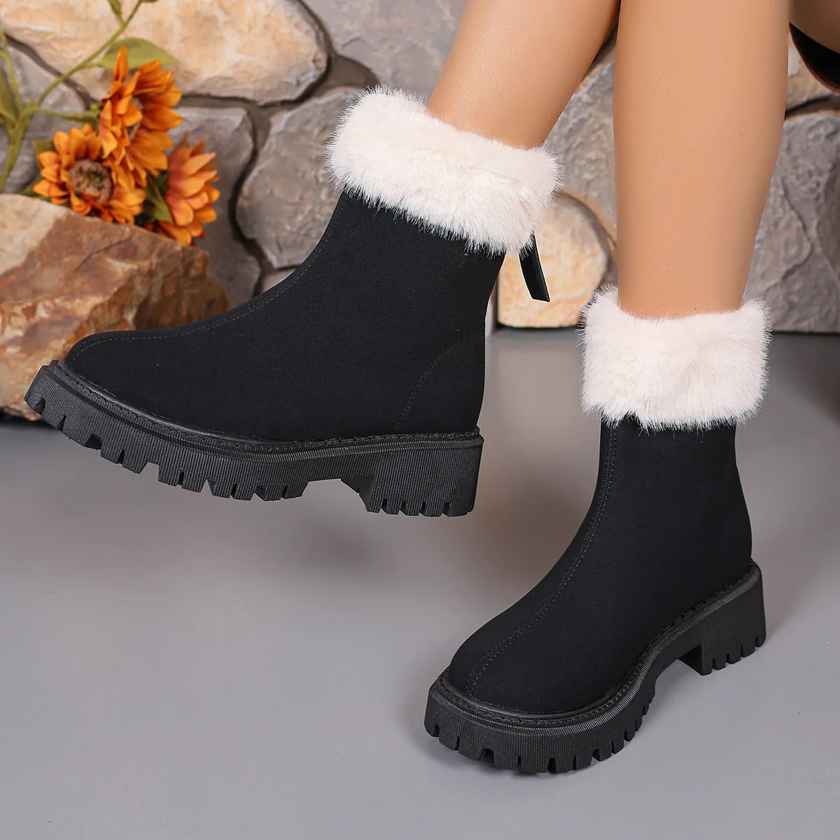 Square-heeled Snow Boots Winter Plus Velvet Non-slip Mid-calf Boot For Women