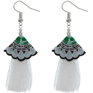 White Embroidered Ruffle Long Tassel Dangle Earrings