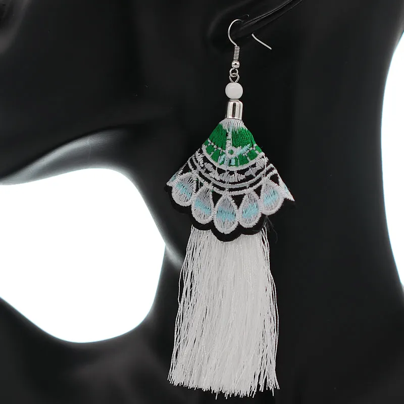 White Embroidered Ruffle Long Tassel Dangle Earrings