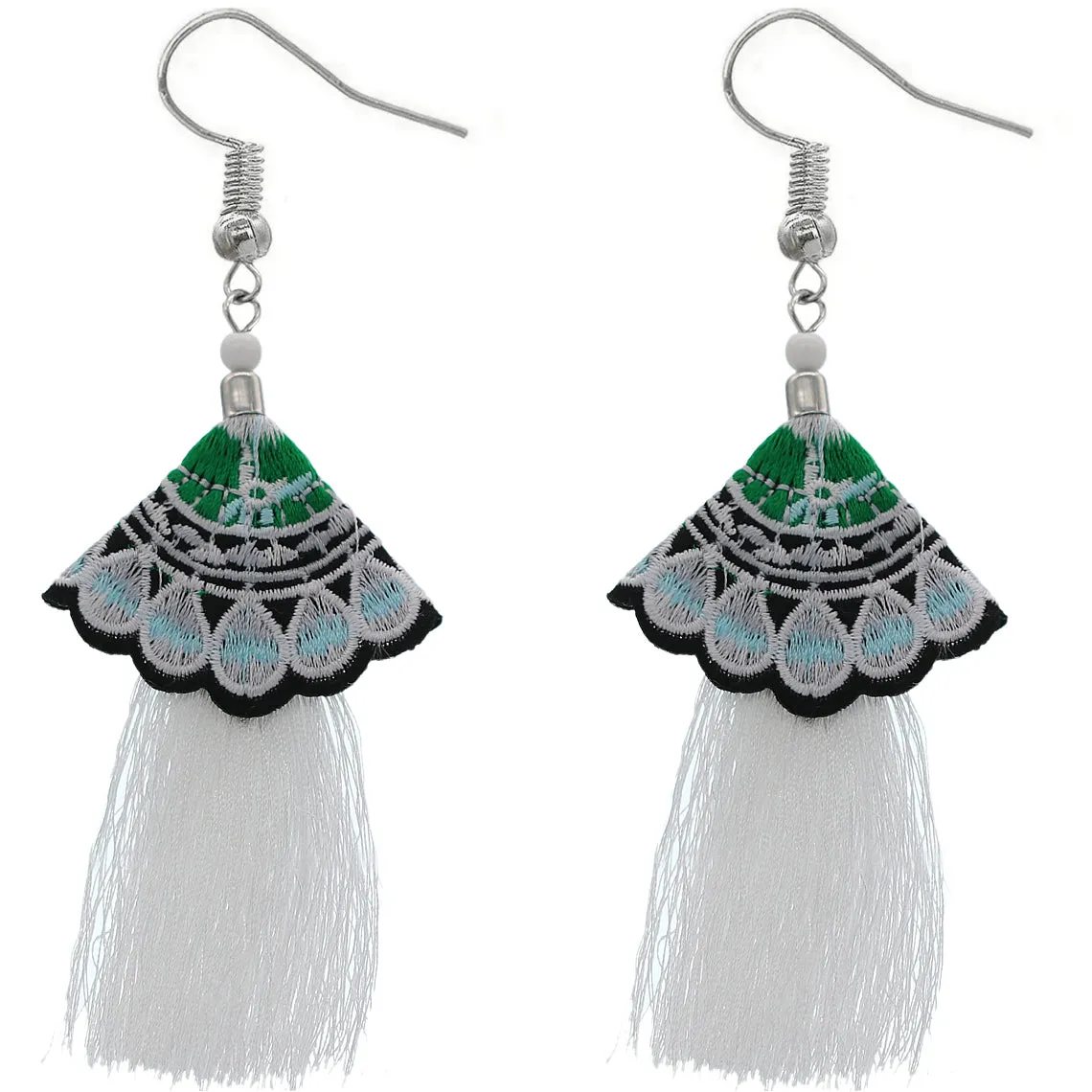 White Embroidered Ruffle Long Tassel Dangle Earrings