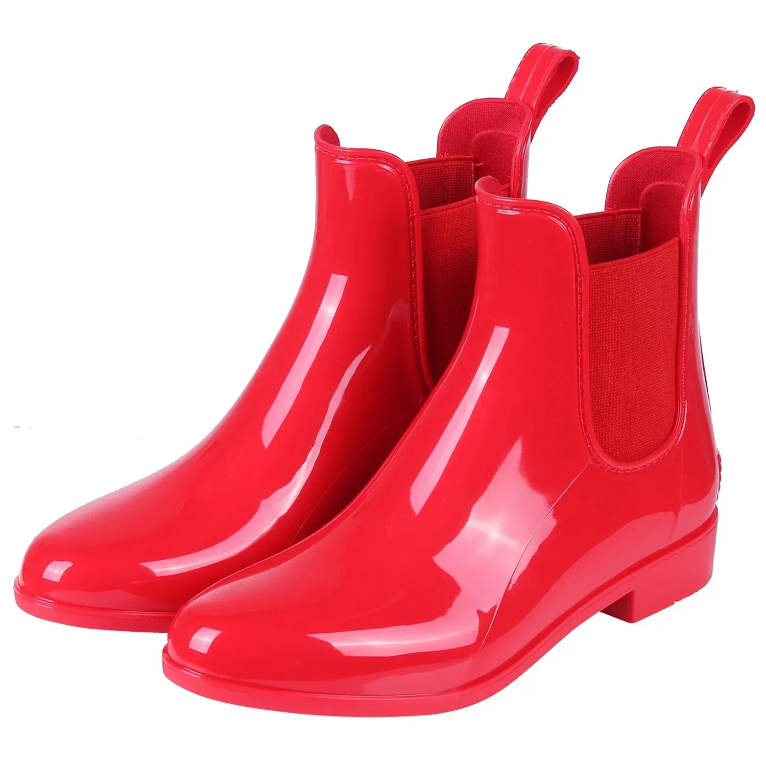 Women Chelsea Rain Boots Shiny Ankle Boots Waterproof Upper Toe Elastic Band Low Sole Fashion Non-slip Comfortable Boots