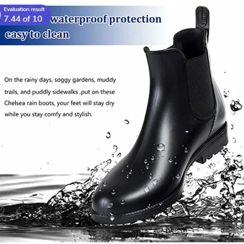 Women Chelsea Rain Boots Shiny Ankle Boots Waterproof Upper Toe Elastic Band Low Sole Fashion Non-slip Comfortable Boots