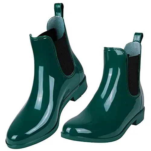 Women Chelsea Rain Boots Shiny Ankle Boots Waterproof Upper Toe Elastic Band Low Sole Fashion Non-slip Comfortable Boots