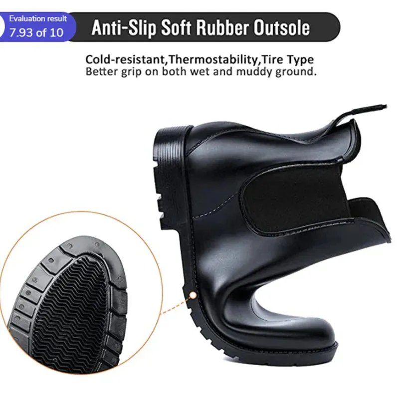 Women Chelsea Rain Boots Shiny Ankle Boots Waterproof Upper Toe Elastic Band Low Sole Fashion Non-slip Comfortable Boots