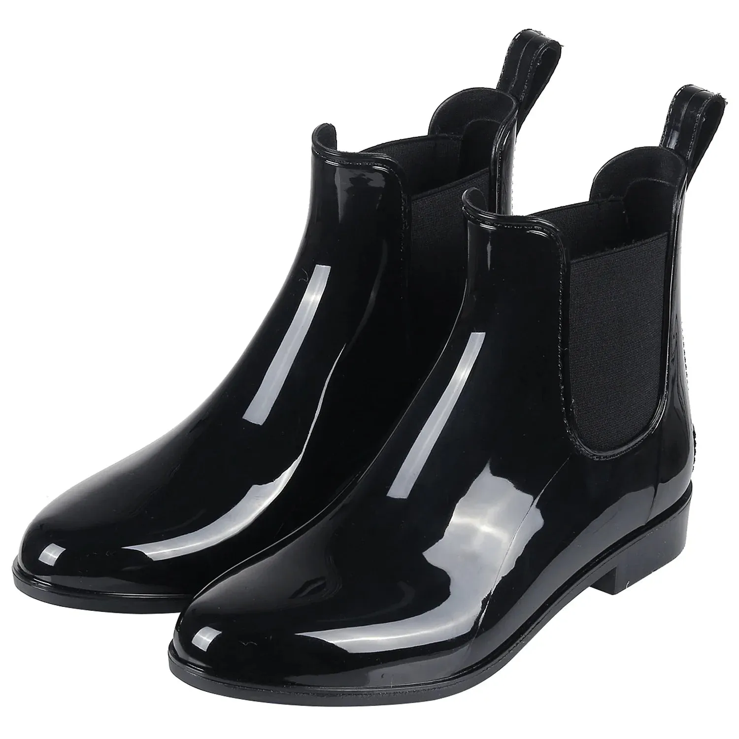 Women Chelsea Rain Boots Shiny Ankle Boots Waterproof Upper Toe Elastic Band Low Sole Fashion Non-slip Comfortable Boots