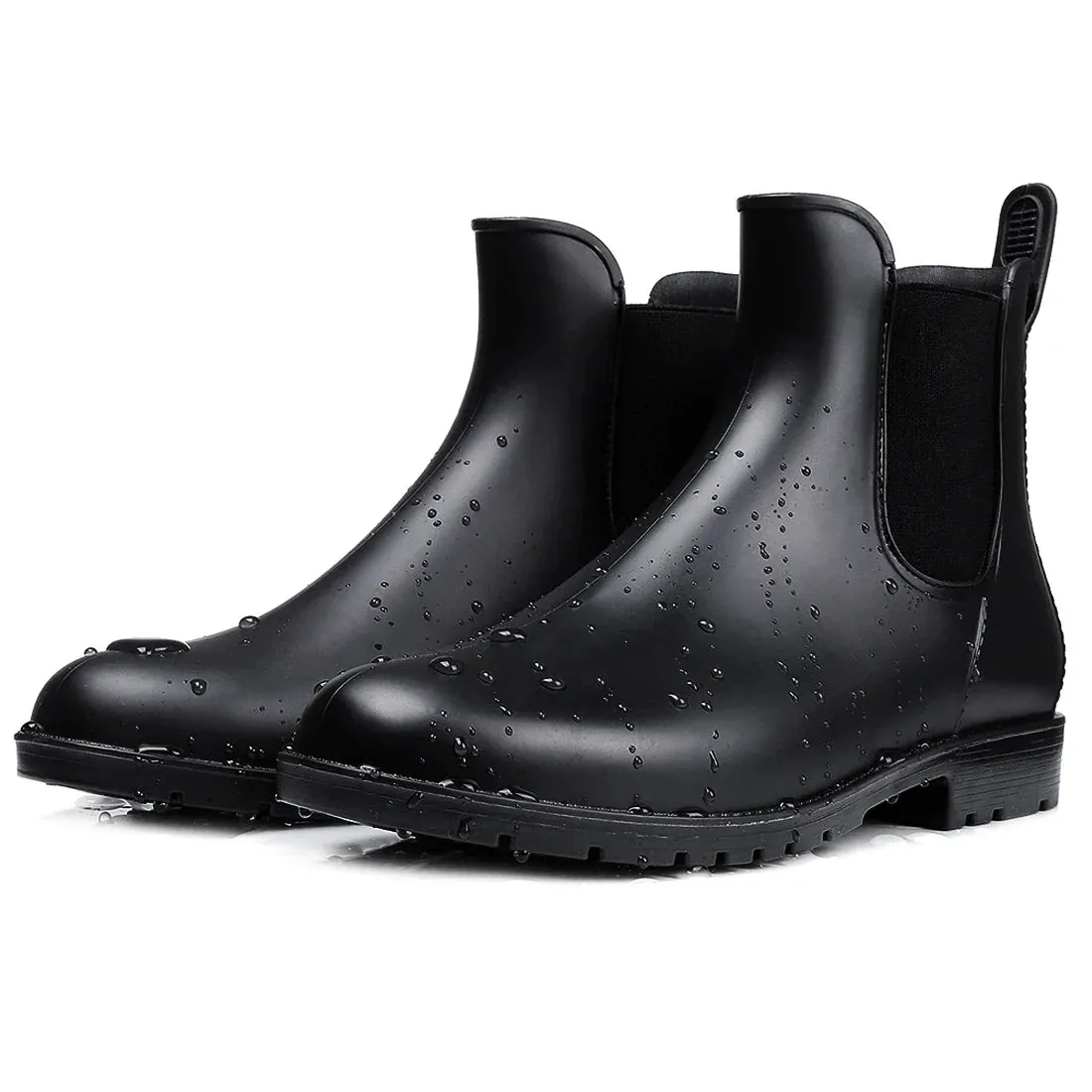 Women Chelsea Rain Boots Shiny Ankle Boots Waterproof Upper Toe Elastic Band Low Sole Fashion Non-slip Comfortable Boots