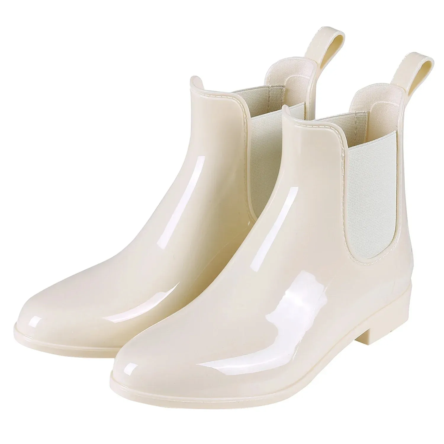 Women Chelsea Rain Boots Shiny Ankle Boots Waterproof Upper Toe Elastic Band Low Sole Fashion Non-slip Comfortable Boots