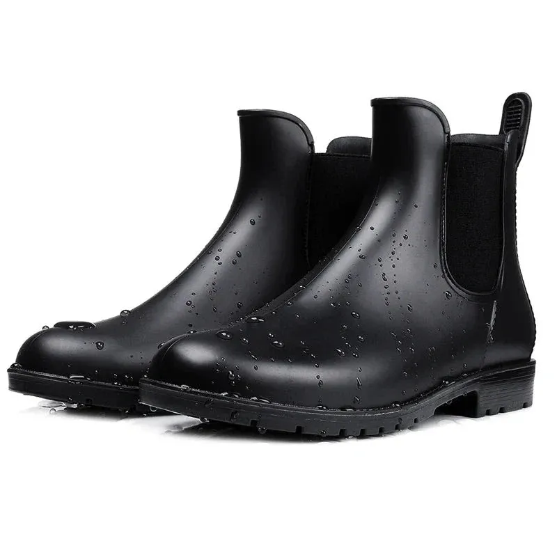 Women Chelsea Rain Boots Shiny Ankle Boots Waterproof Upper Toe Elastic Band Low Sole Fashion Non-slip Comfortable Boots