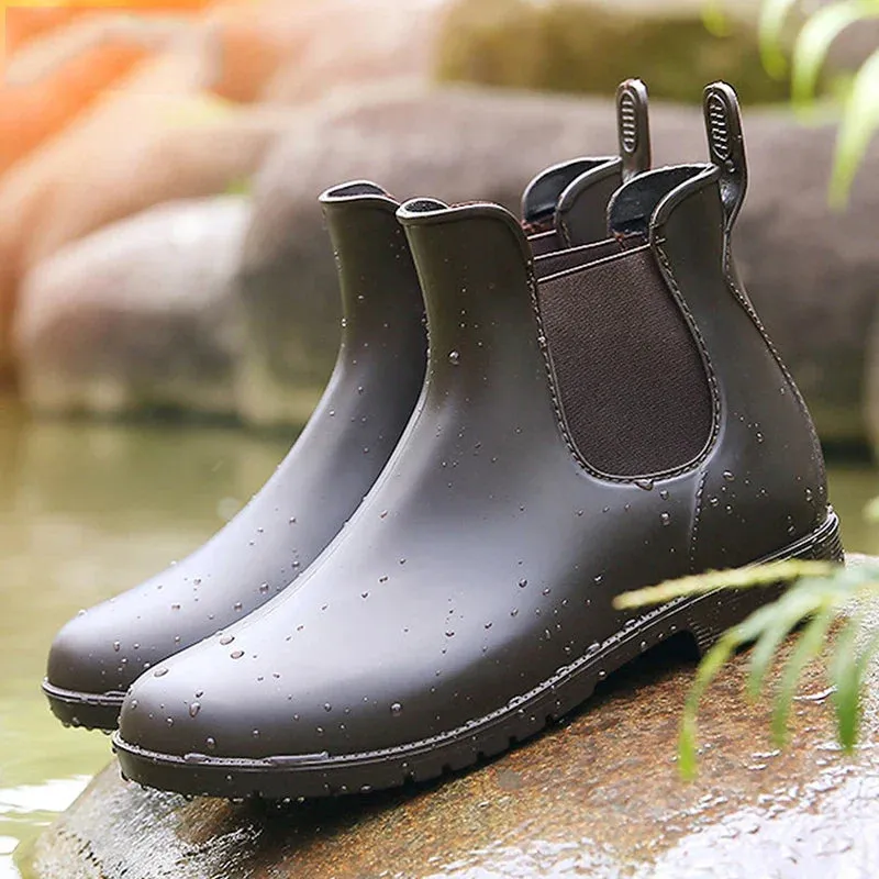 Women Chelsea Rain Boots Shiny Ankle Boots Waterproof Upper Toe Elastic Band Low Sole Fashion Non-slip Comfortable Boots