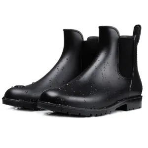 Women Chelsea Rain Boots Shiny Ankle Boots Waterproof Upper Toe Elastic Band Low Sole Fashion Non-slip Comfortable Boots