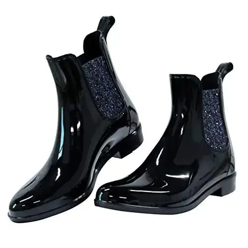 Women Chelsea Rain Boots Shiny Ankle Boots Waterproof Upper Toe Elastic Band Low Sole Fashion Non-slip Comfortable Boots