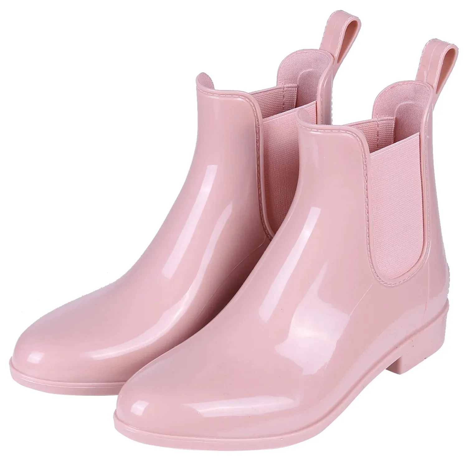 Women Chelsea Rain Boots Shiny Ankle Boots Waterproof Upper Toe Elastic Band Low Sole Fashion Non-slip Comfortable Boots