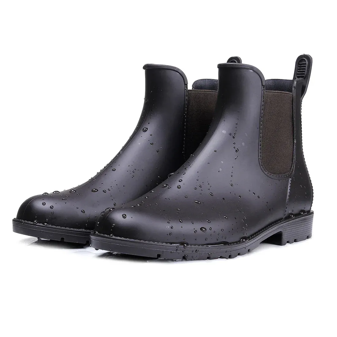 Women Chelsea Rain Boots Shiny Ankle Boots Waterproof Upper Toe Elastic Band Low Sole Fashion Non-slip Comfortable Boots