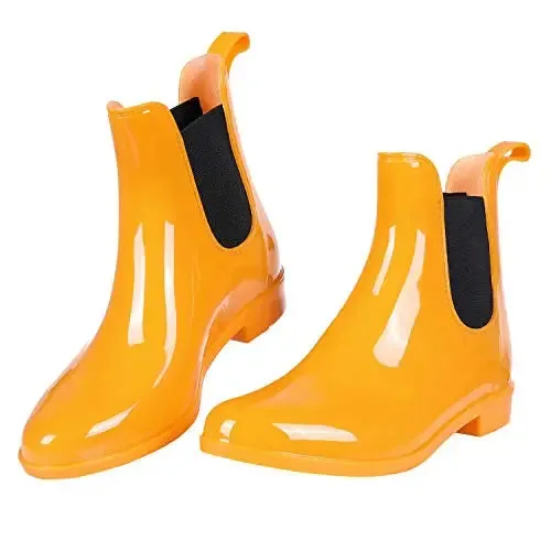 Women Chelsea Rain Boots Shiny Ankle Boots Waterproof Upper Toe Elastic Band Low Sole Fashion Non-slip Comfortable Boots